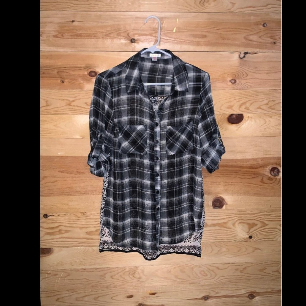 Button-up, sheer plaid/bandana design, Xhilaration